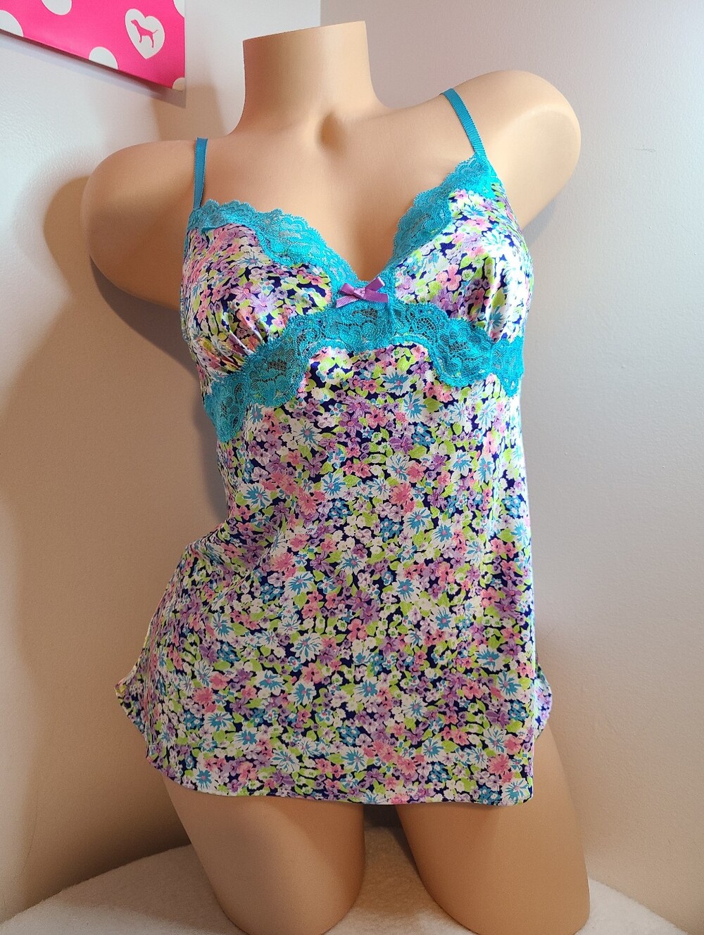 VTG Victoria's Secret Silky Satin Lace Bright Floral Print Camisole Size M